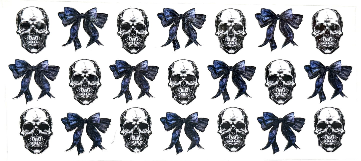 Pattern of skulls and blue ribbons on a white background