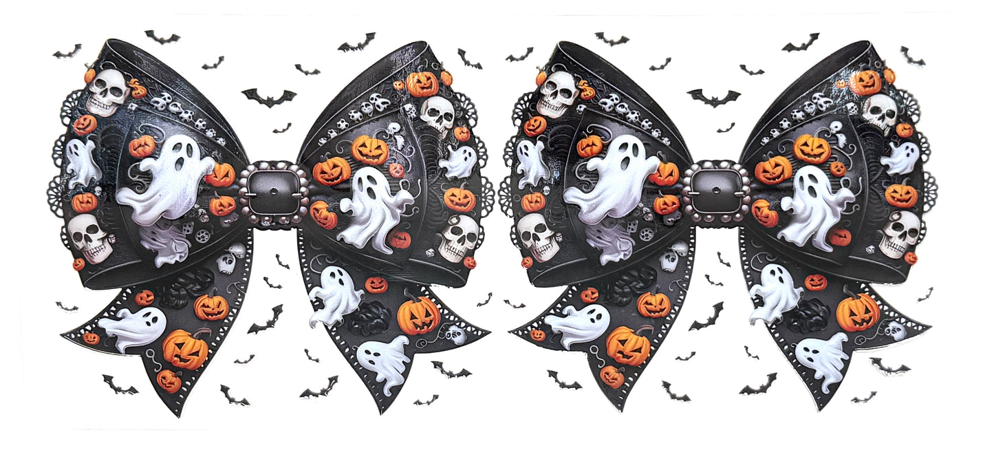 Two Halloween-themed decorative bows with ghosts, pumpkins, and skulls on a white background.