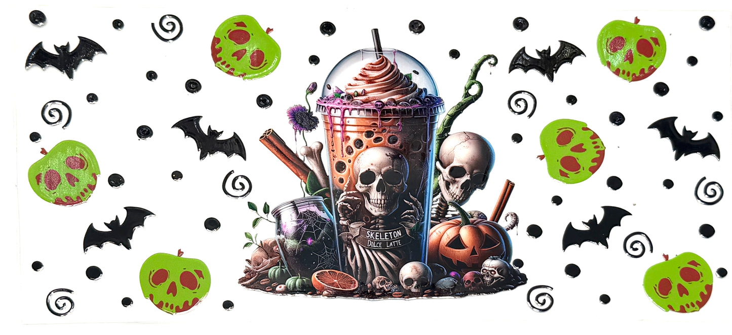 Halloween-themed cup with skull design surrounded by pumpkins, bats, and decorative elements on a white background.
