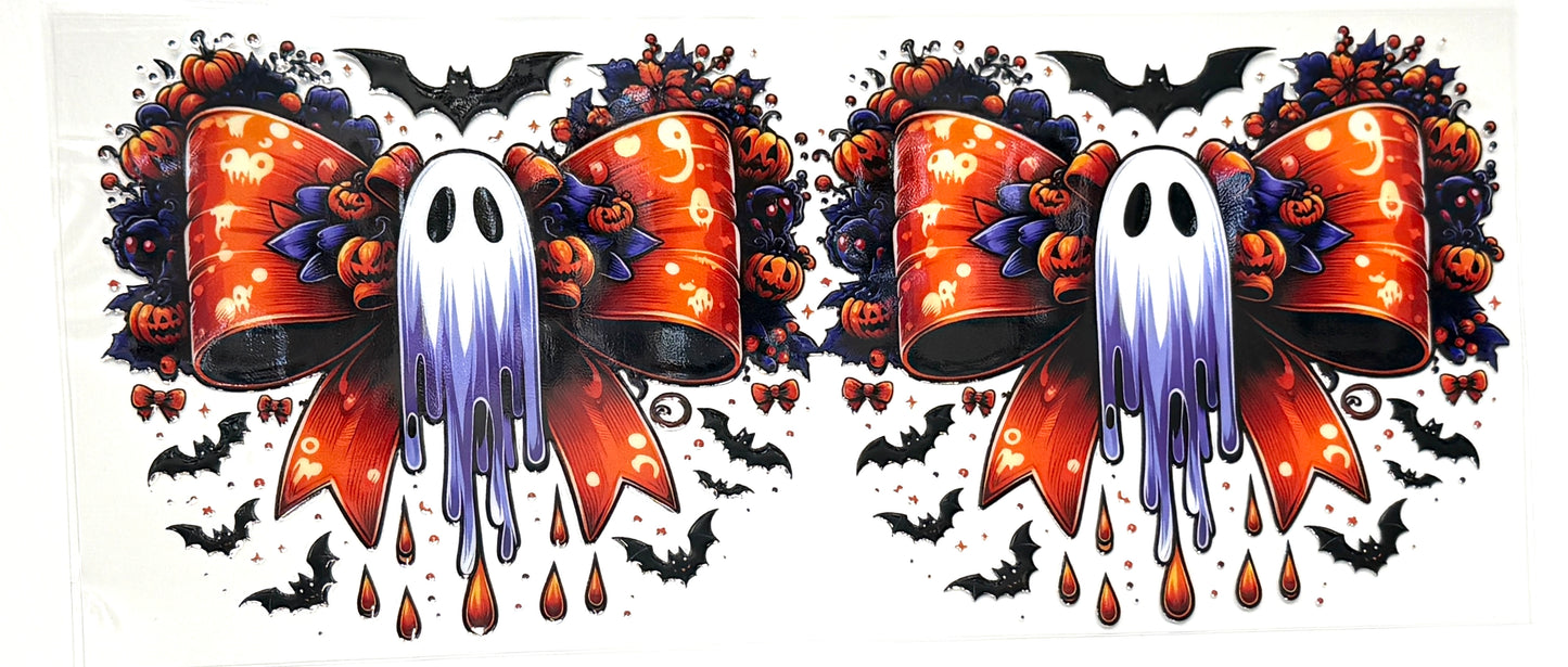 Halloween-themed design with ghosts, pumpkins, and bats on a white background.