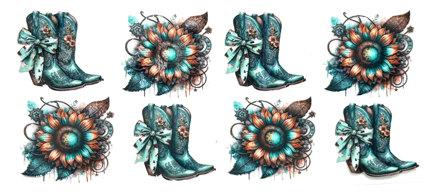 Illustrations of turquoise cowboy boots with decorative flowers and bows on a white background.