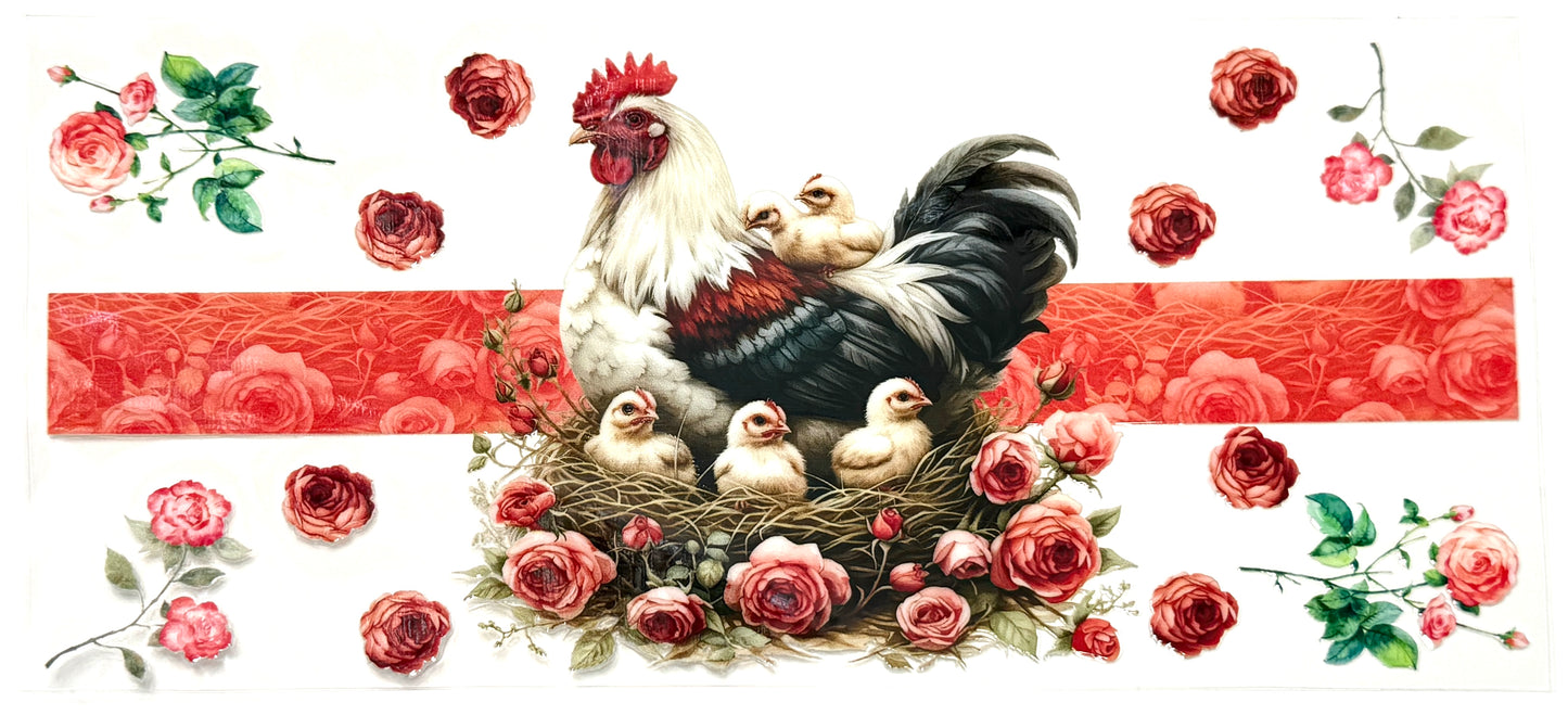 Rooster with chicks in a nest surrounded by roses on a red background