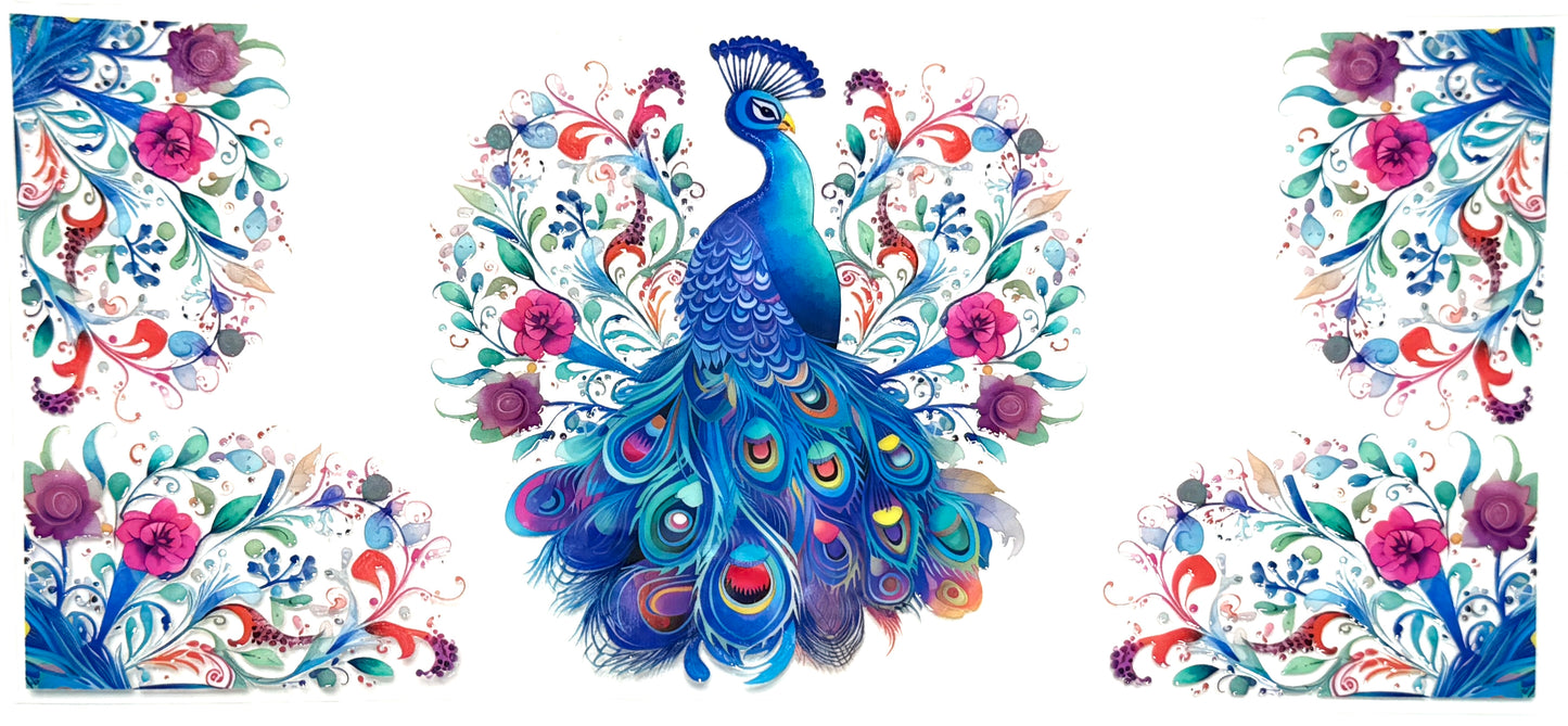 Set of three decorative items featuring a peacock and floral designs.