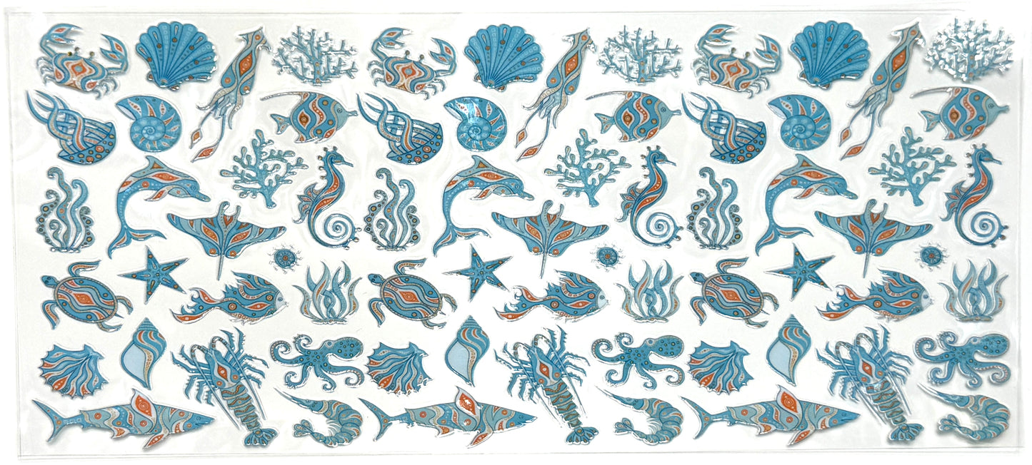 Pattern of various sea creatures and underwater elements on a white background