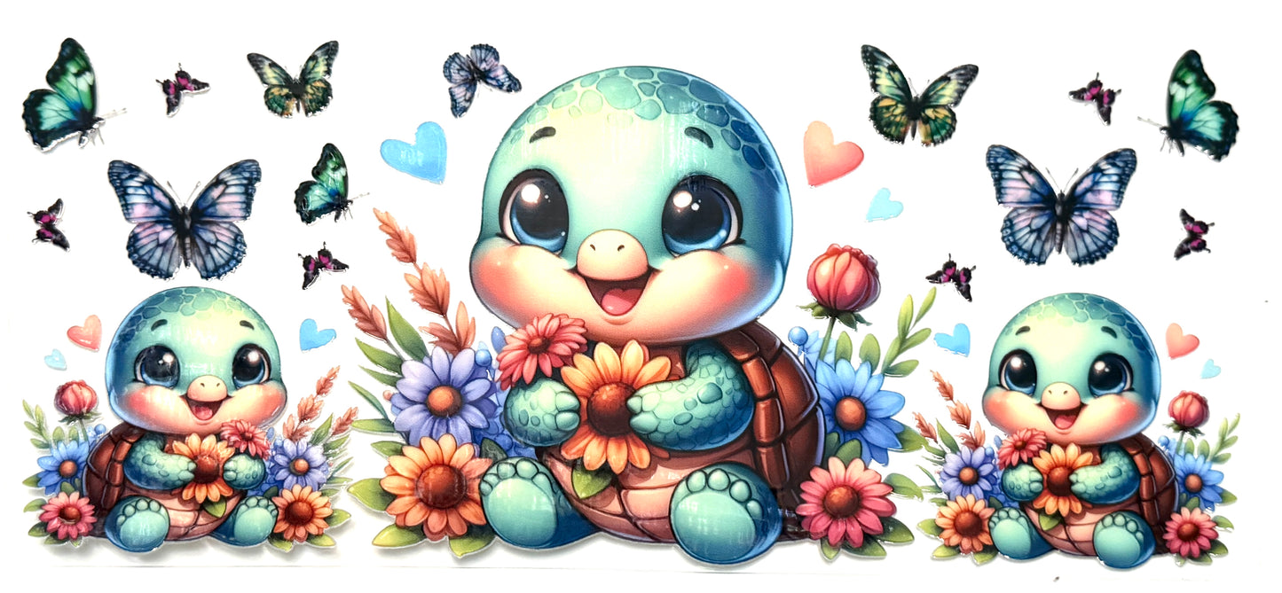 Cartoon turtle surrounded by flowers, butterflies, and hearts on a white background