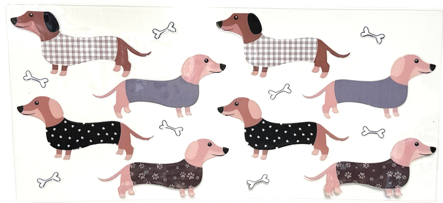 Illustrations of dachshunds in various outfits with bone patterns on a white background