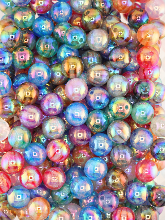 Collection of galaxy striped beads with a variety of colors: red, blue, green, pink, orange.