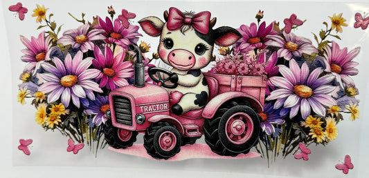 Cartoon cow driving a pink tractor surrounded by colorful flowers