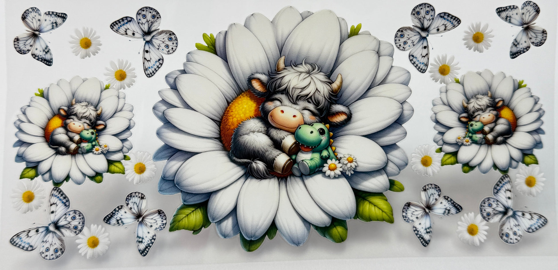 Illustration of a cow surrounded by flowers and butterflies holding a dino