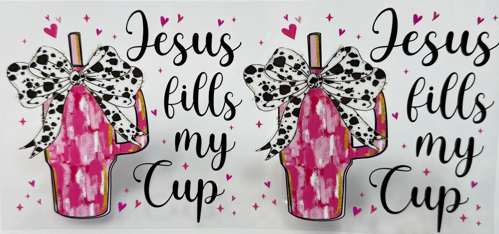 Two pink bottles with leopard print bows and text 'Jesus fills my cup' 