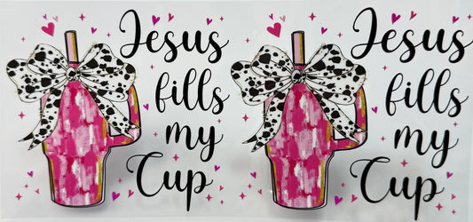 Two pink bottles with leopard print bows and text 'Jesus fills my cup' 