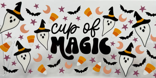 Halloween-themed design with ghosts, candy corn, and bats on a white background.