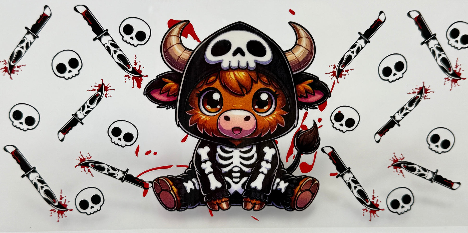 Cow character with a skeleton outfit and horns surrounded by knives and skulls 