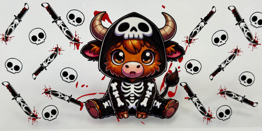Cow character with a skeleton outfit and horns surrounded by knives and skulls 
