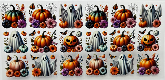 Halloween-themed print with pumpkins, ghosts, and flowers 