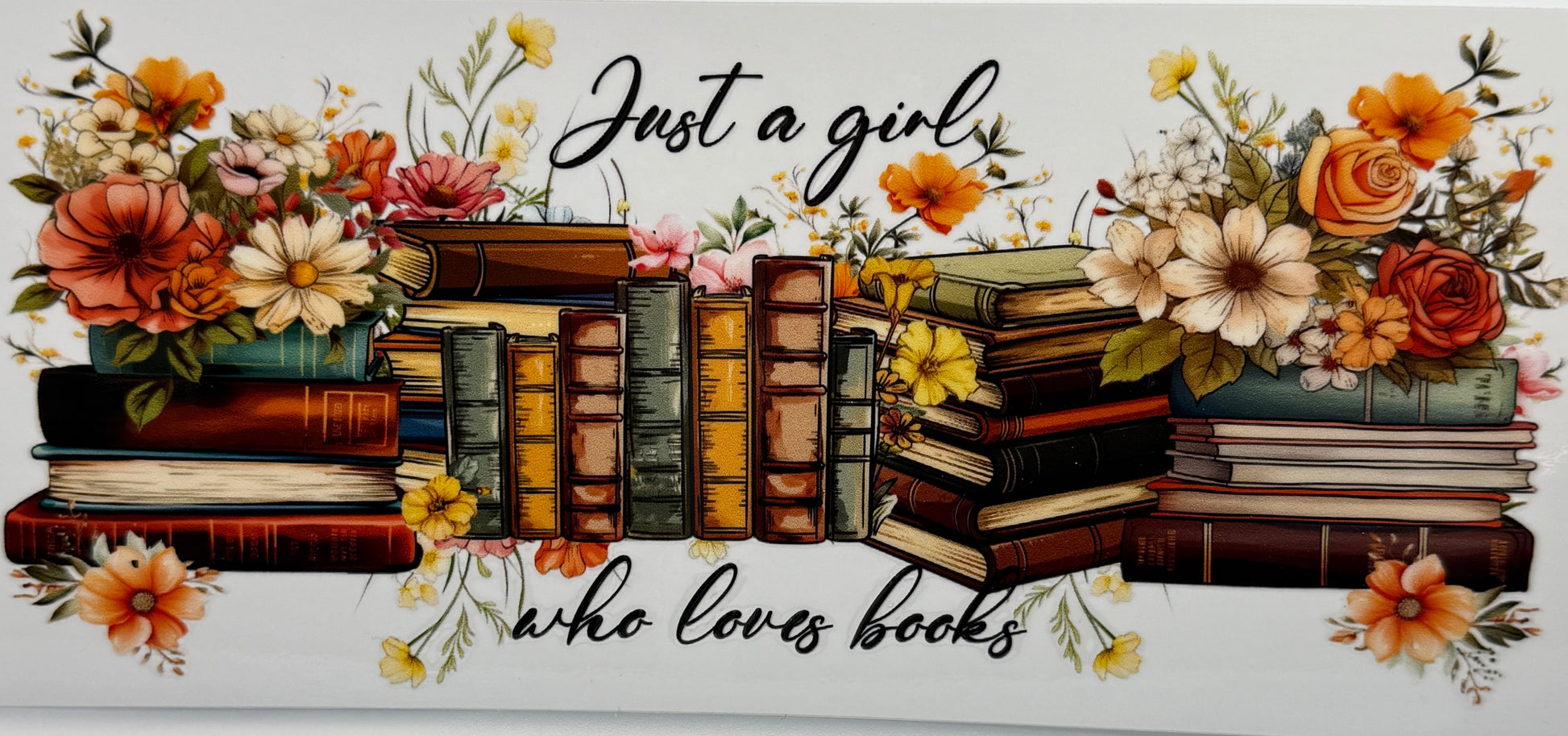 Decorative banner with books, flowers, and text 'Just a girl who loves books' 