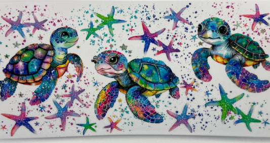 Colorful illustration of three turtles with starfish 
