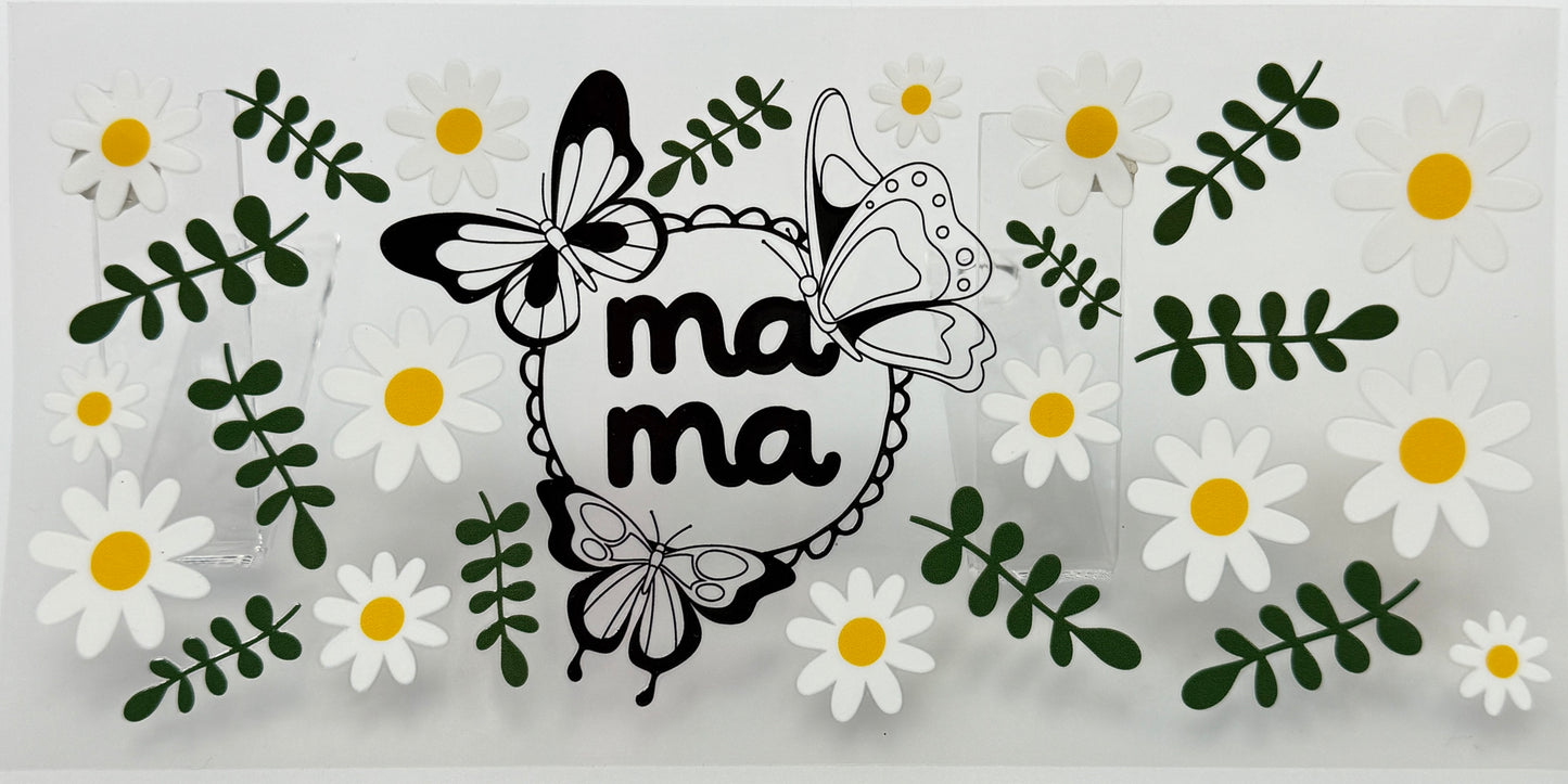 Decorative sign with 'ma ma' text surrounded by butterflies, flowers, and leaves 