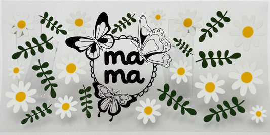 Decorative sign with 'ma ma' text surrounded by butterflies, flowers, and leaves 