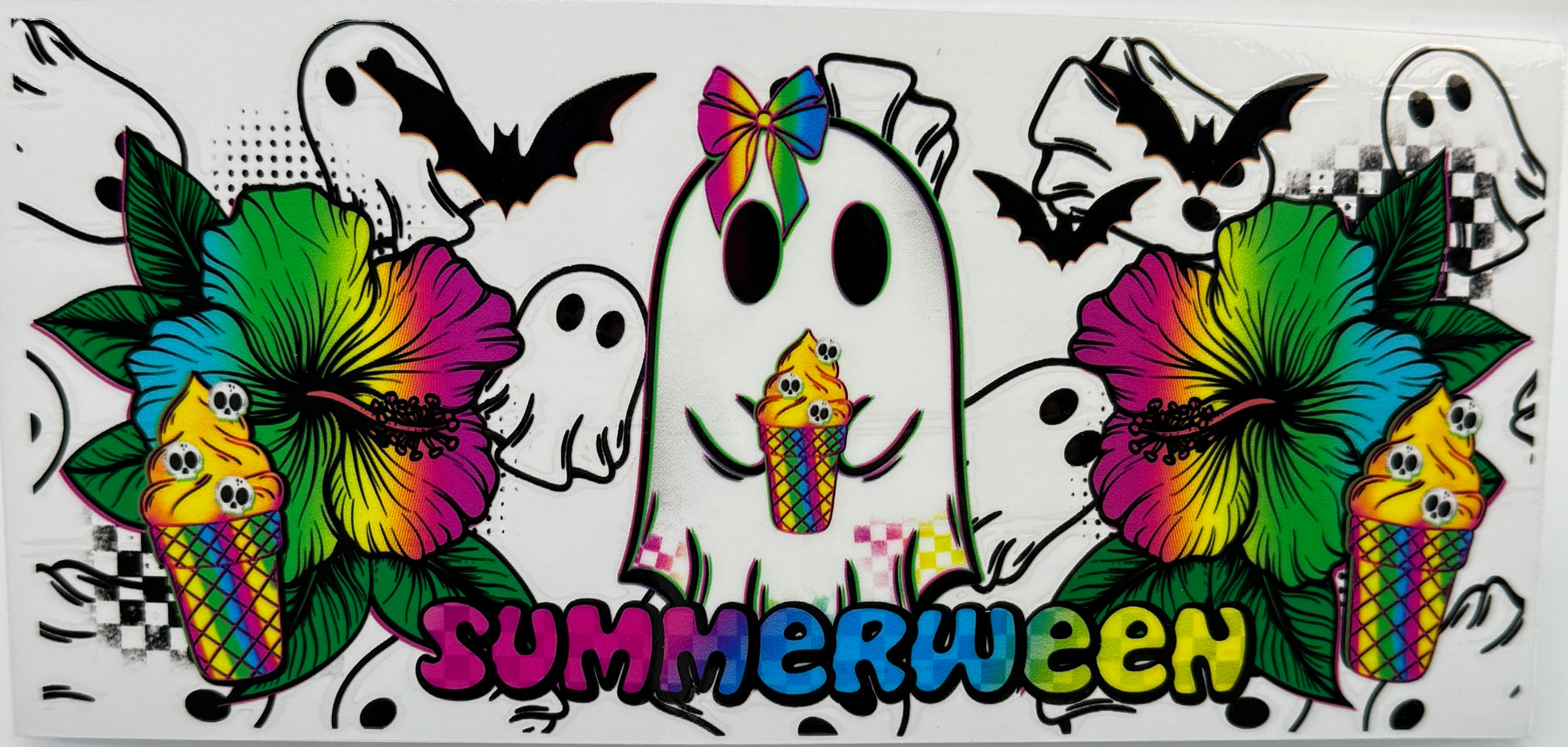 Colorful 'Summerween' design with ghosts, flowers, and candy corn 