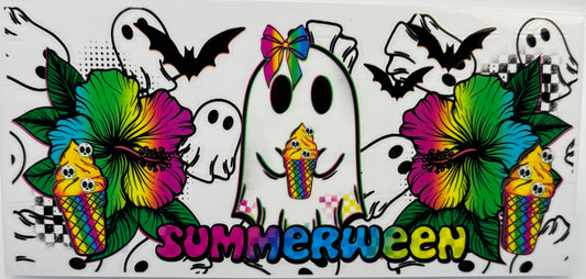 Colorful 'Summerween' design with ghosts, flowers, and candy corn 