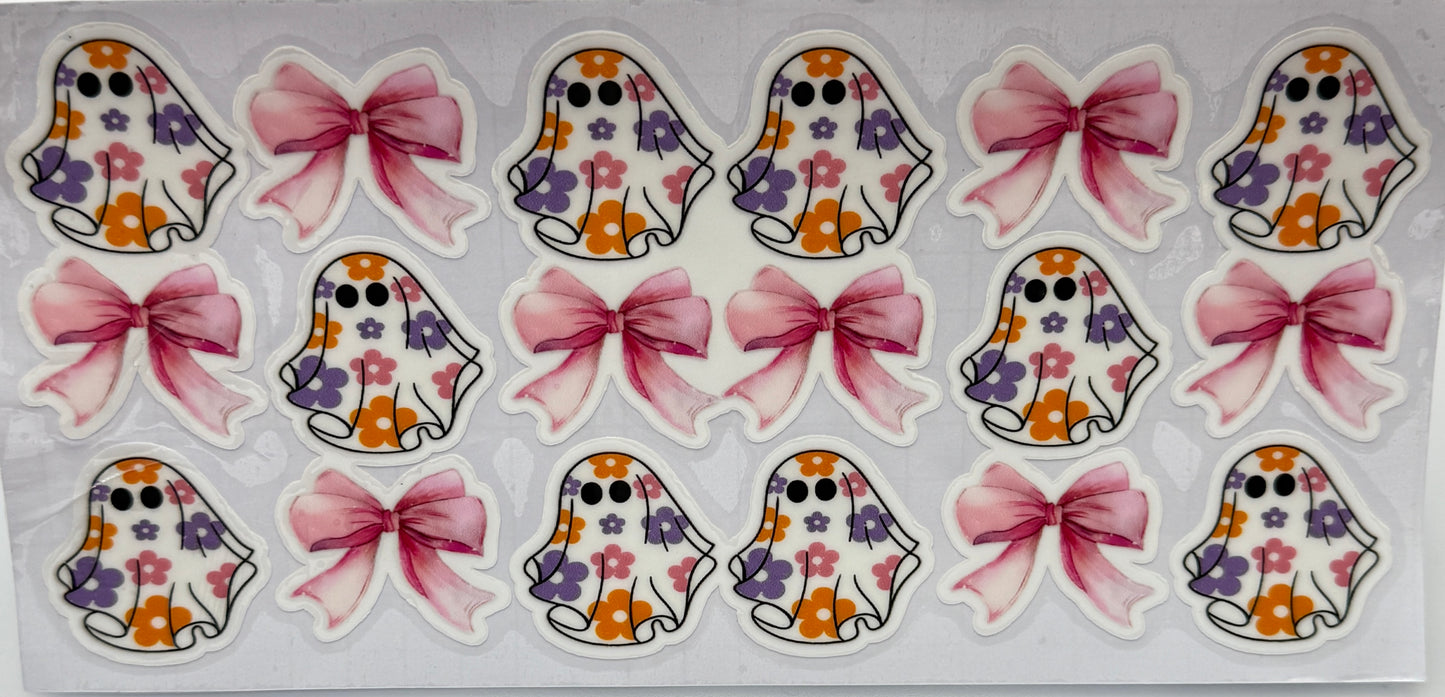 Set of decorative stickers featuring ghosts with floral patterns and pink bows