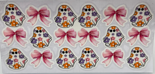 Set of decorative stickers featuring ghosts with floral patterns and pink bows