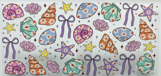 Pattern of colorful shells, ribbons, and stars 