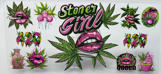 Tumbler Wrap  with 'Stoner Girl' design featuring  leaves, lips, and other graphics.