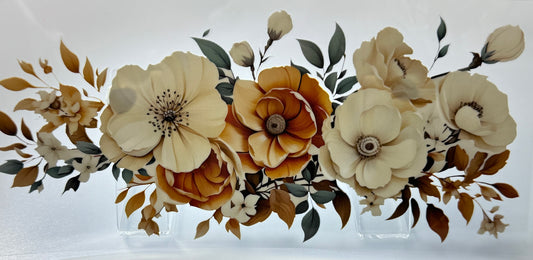 Decorative floral design with beige, brown, and green flowers 