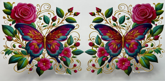 Two colorful butterflies with flowers and leaves 