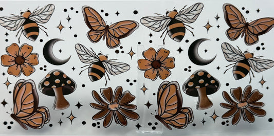 Pattern of bees, butterflies, flowers, and mushrooms 