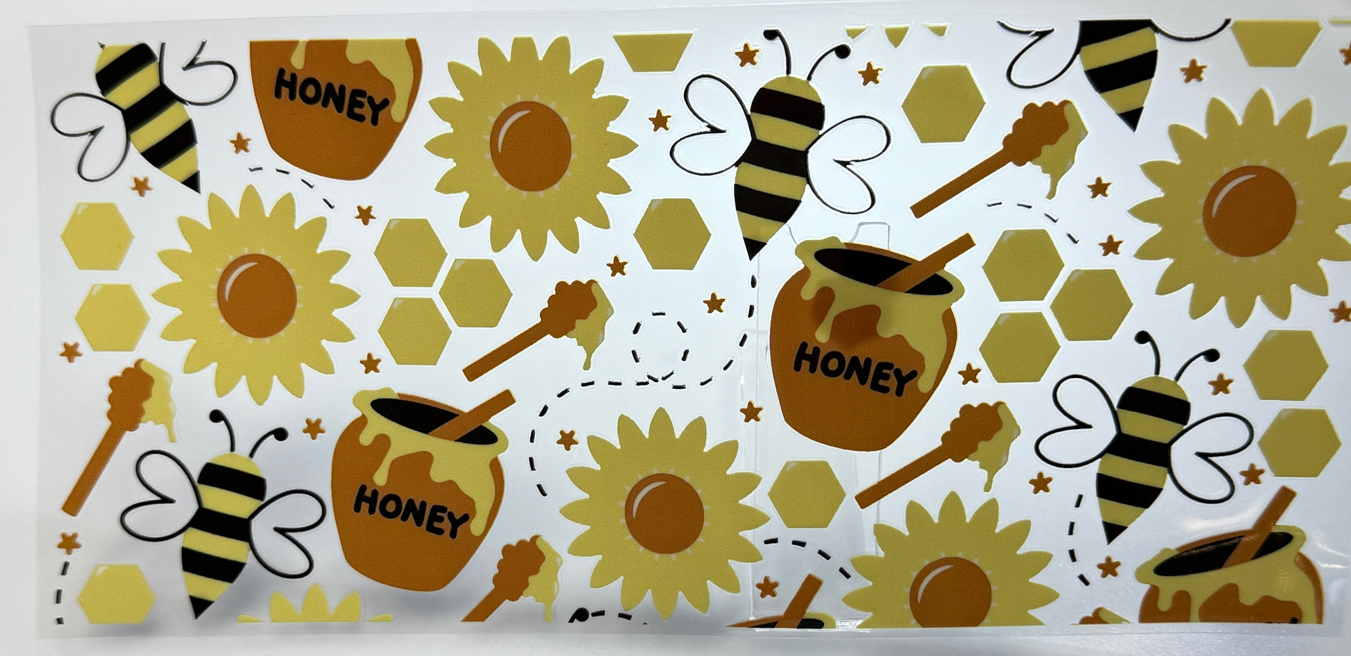 Pattern with honey jars, bees, and sunflowers 