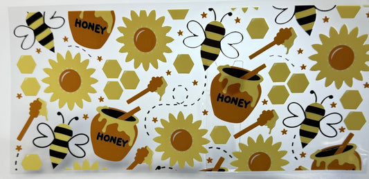 Pattern with honey jars, bees, and sunflowers 