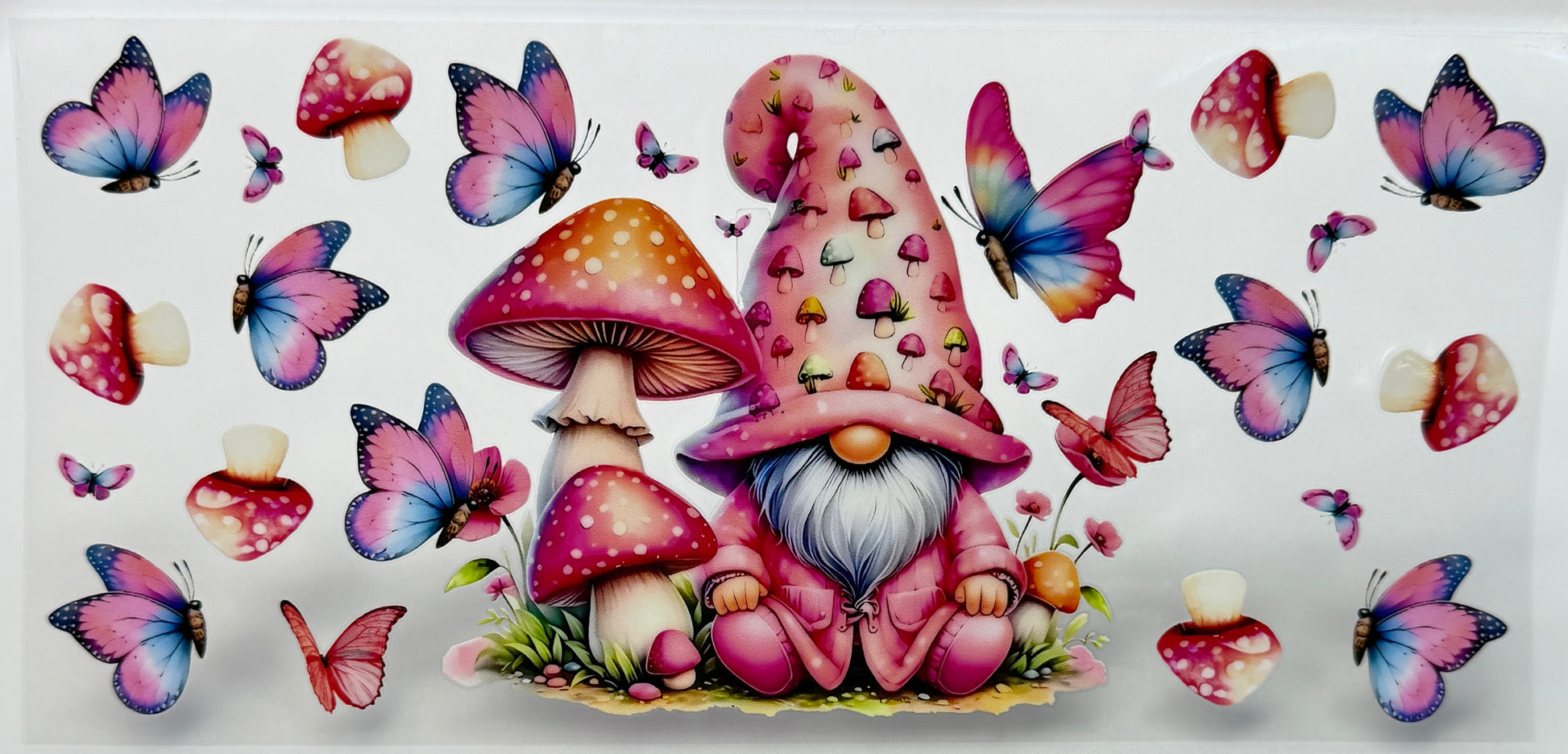 Colorful gnome sticker with mushrooms, butterflies, and flowers 