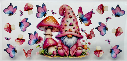 Colorful gnome sticker with mushrooms, butterflies, and flowers 