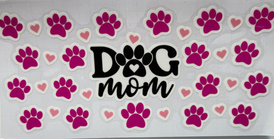 Sticker with 'DOG mom' text surrounded by purple paw prints and small hearts 