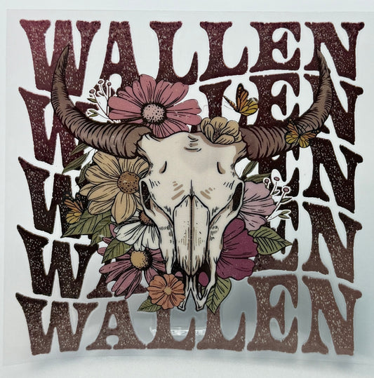 Decorative design with a skull, flowers, and the word 'Wallen' repeated.