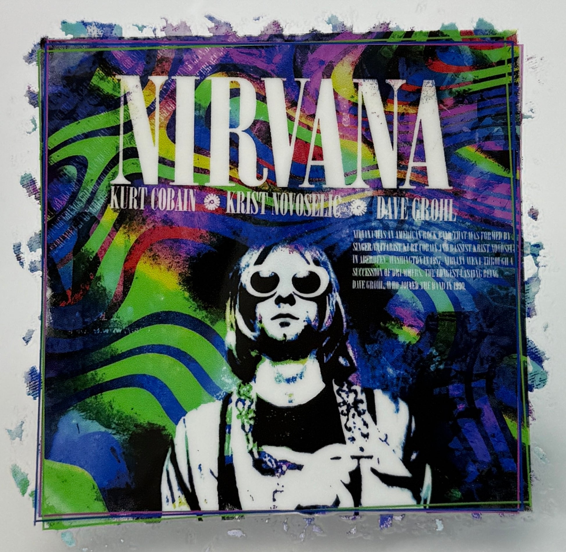 Nirvana album cover with colorful design and band members' names.