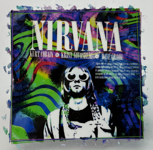 Nirvana album cover with colorful design and band members' names.