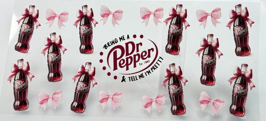 Dr Pepper bottles with pink bows and 'Bring Me a  Pepper & Tell Me a Pretty Story' text 