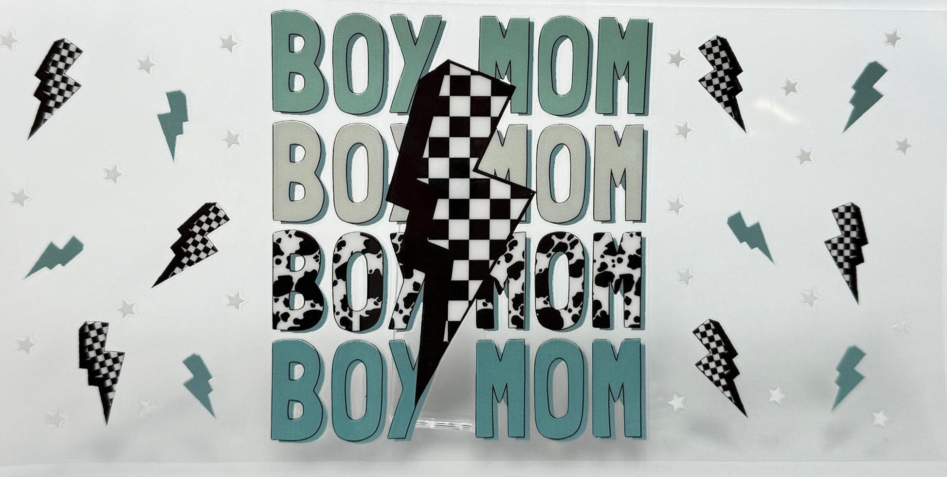 Text 'BOY MOM' repeated with checkered pattern 