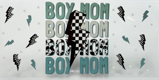 Text 'BOY MOM' repeated with checkered pattern 