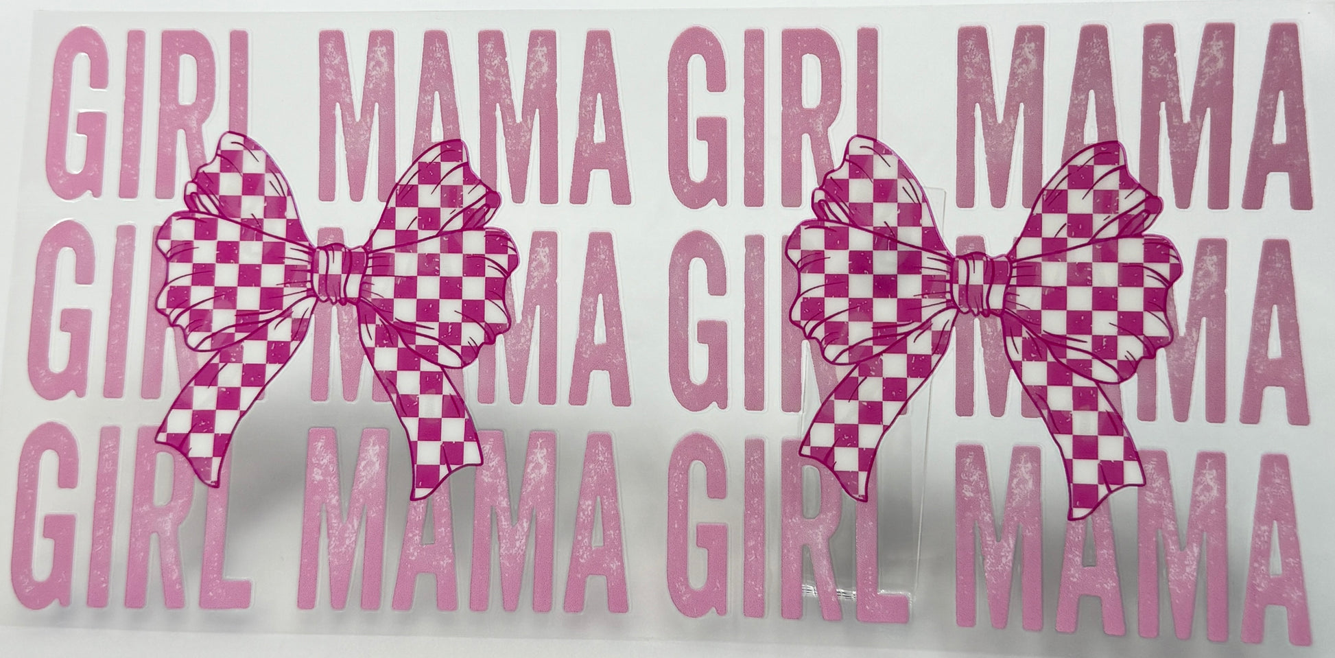 Text 'GIRL MAMA' with checkered bows 