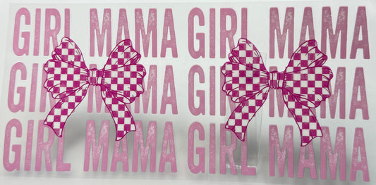 Text 'GIRL MAMA' with checkered bows 
