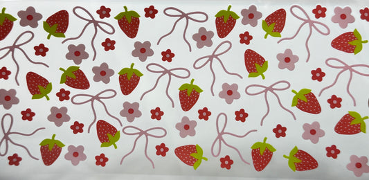 Pattern of strawberries, flowers, and ribbons 