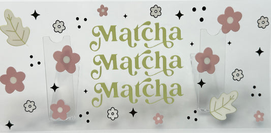 Decorative banner with 'Matcha' text and floral designs 