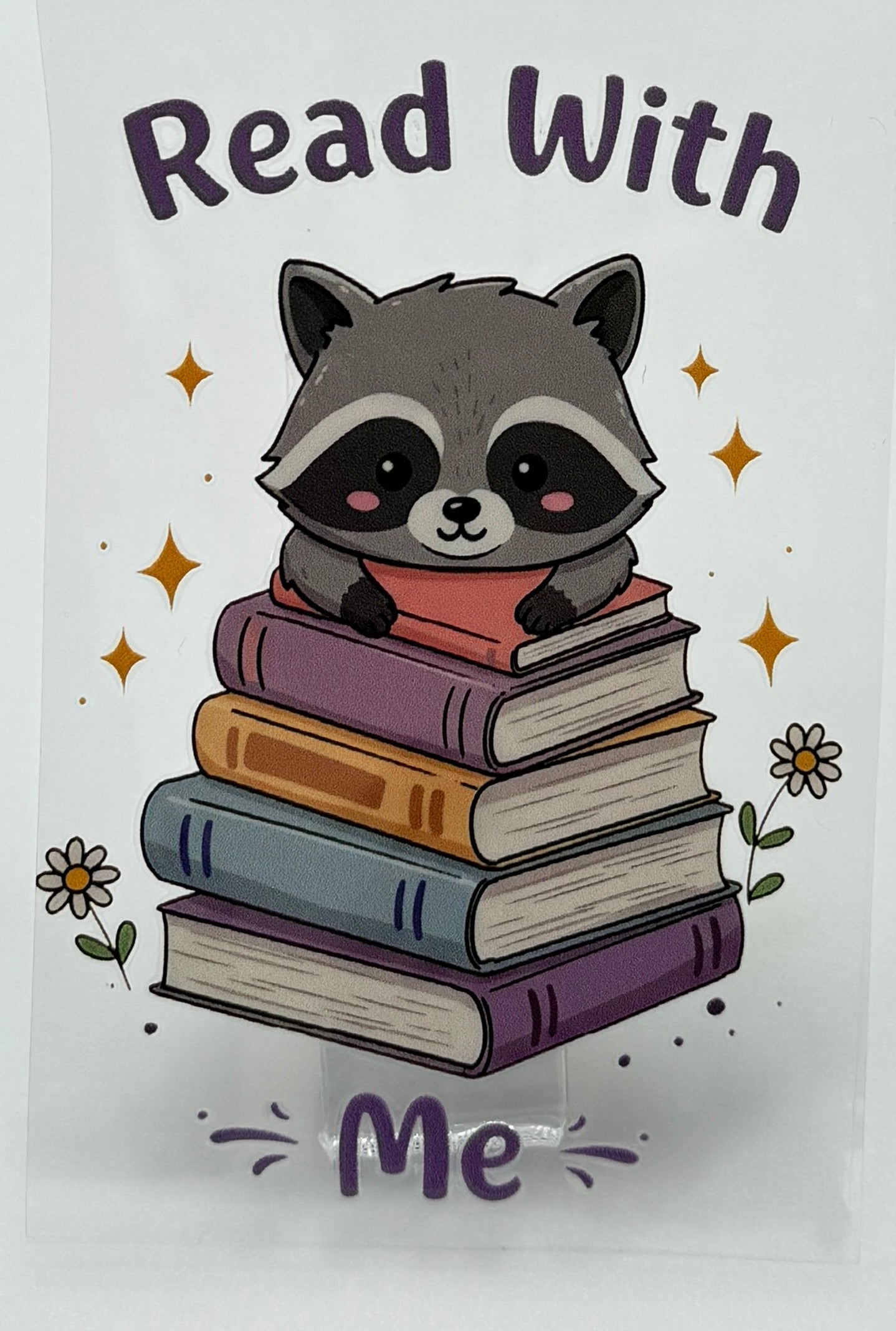 Illustration of a raccoon with books and 'Read With Me' text 