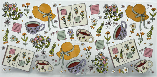 Pattern of teacups, hats, and flowers 