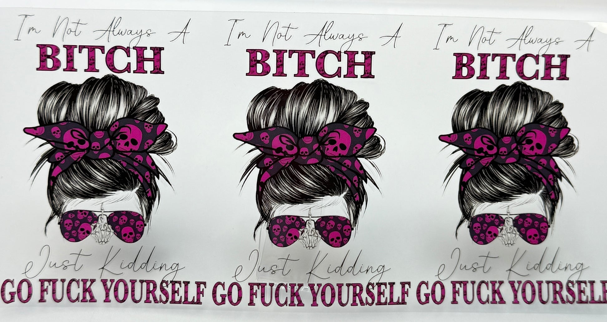 Three identical illustrations of a woman with sunglasses and a bun, with text above and below.